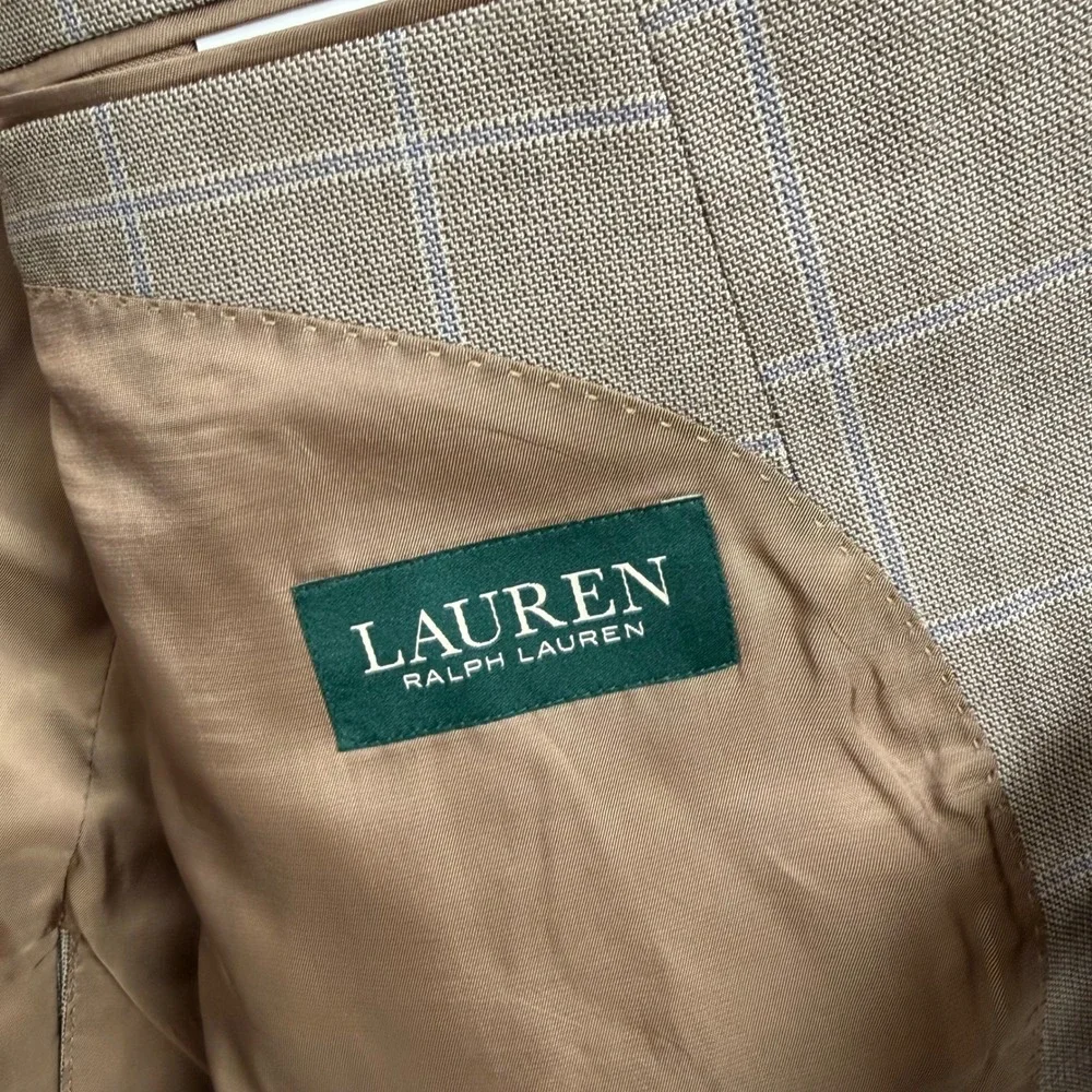 Lauren Ralph Lauren Mens 50R Silk Wool Windowpane Plaid Blazer Sport Coat Brown